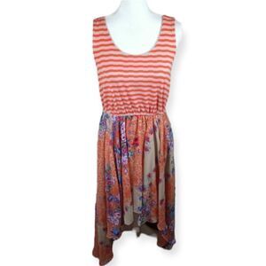 FIRE LOS ANGELES CORAL & BEIGE STRIPE BODICE W/HI-LO FLORAL SKIRT SZ.L EUC